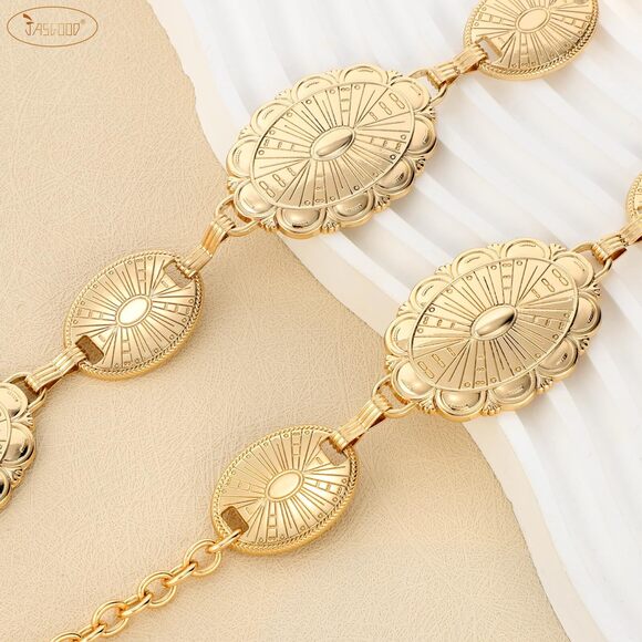 1821 Western Concho Belt Women Cowgirl Metal Belts Boho Gold Shiny Waist Link - Picture 3 of 6